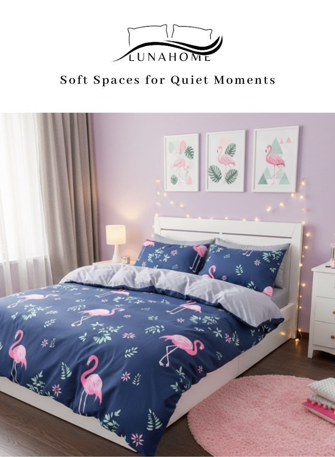 LUNA Home Single size, 4-piece  Duvet cover - 160*210cm.1 Fitted sheet - 100*200+30cm. 2 Pillow cases - 50*75cm. Beautiful pink flamingo design in a lovely shade of blue. - Image 1